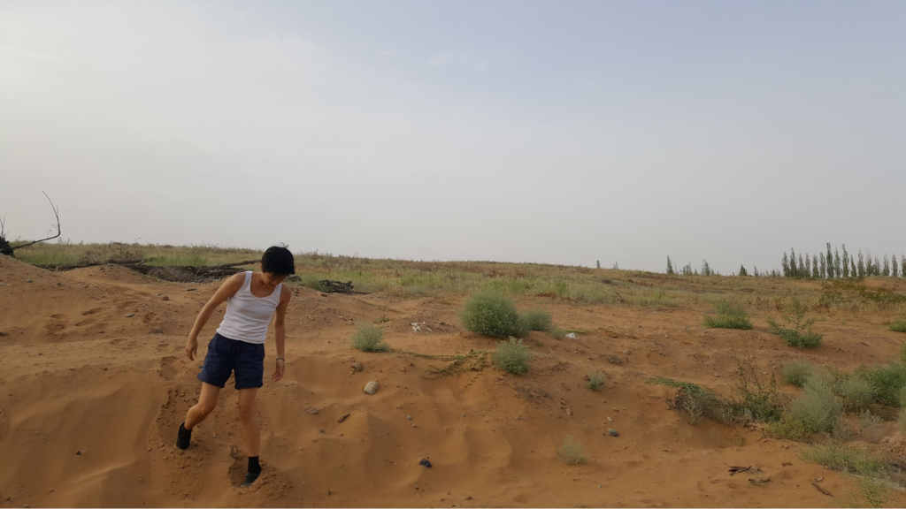 A landscape photograph of a sunny day at a sandy desert with dry shrubs populating the midground. In the foreground, a person with short, black hair dressed in a white tanktop and navy blue shorts looks towards the ground. They seem to be in the midst of walking down the slight slope of fine sand beneath them. The sand is orange.