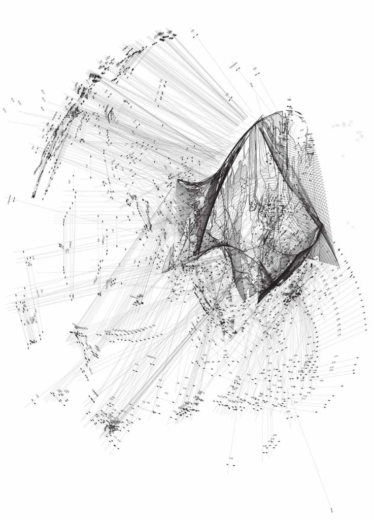 A contained overview of a work from Nesbit's "phatness" series involving a collection of delicate, parametric black lines, arrows, and numbers that concentrate towards the top right in the shape of a rupturing parabola opening downwards. The background is white. 