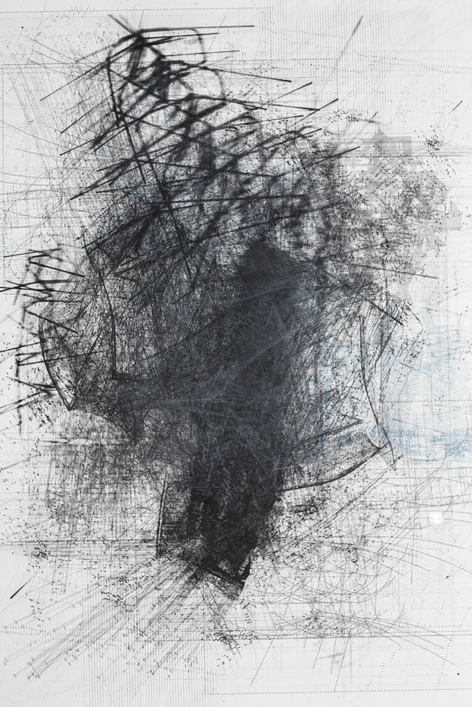 A swarm of black fine lines that concentrate towards the center left of the canvas and occasionally are entangled with fine cyan lines. The aggregate of lines in certain edges of the overall form blend to become fuzzy