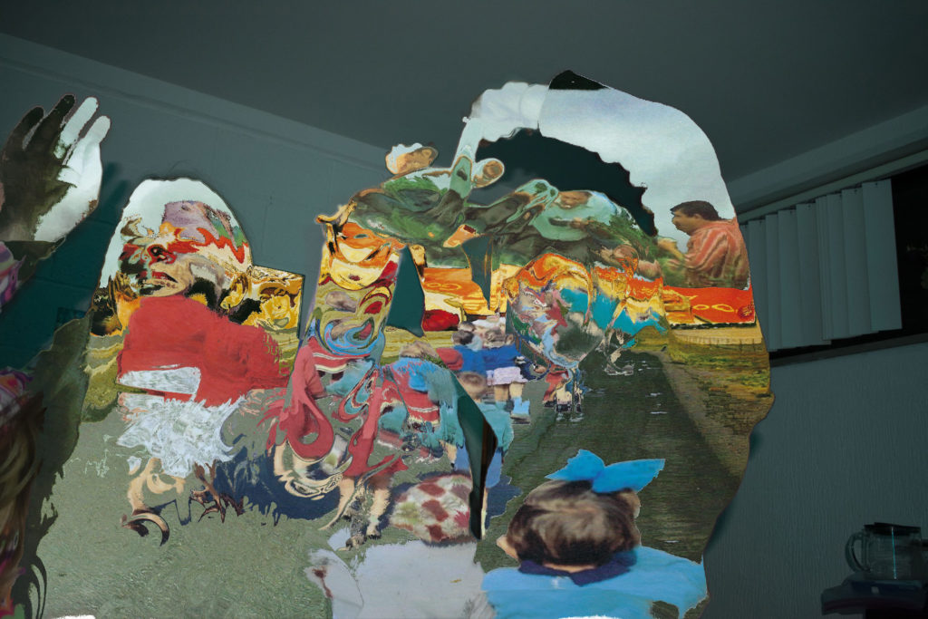 A digital collage of multiple images blurred together and masked out by body shapes.